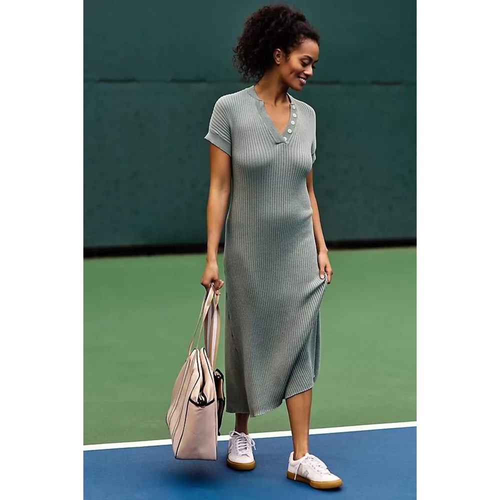 Varley Aria Knit Midi Dress Womens M Sage Green Ribbed Henley Quiet Luxury Chic
